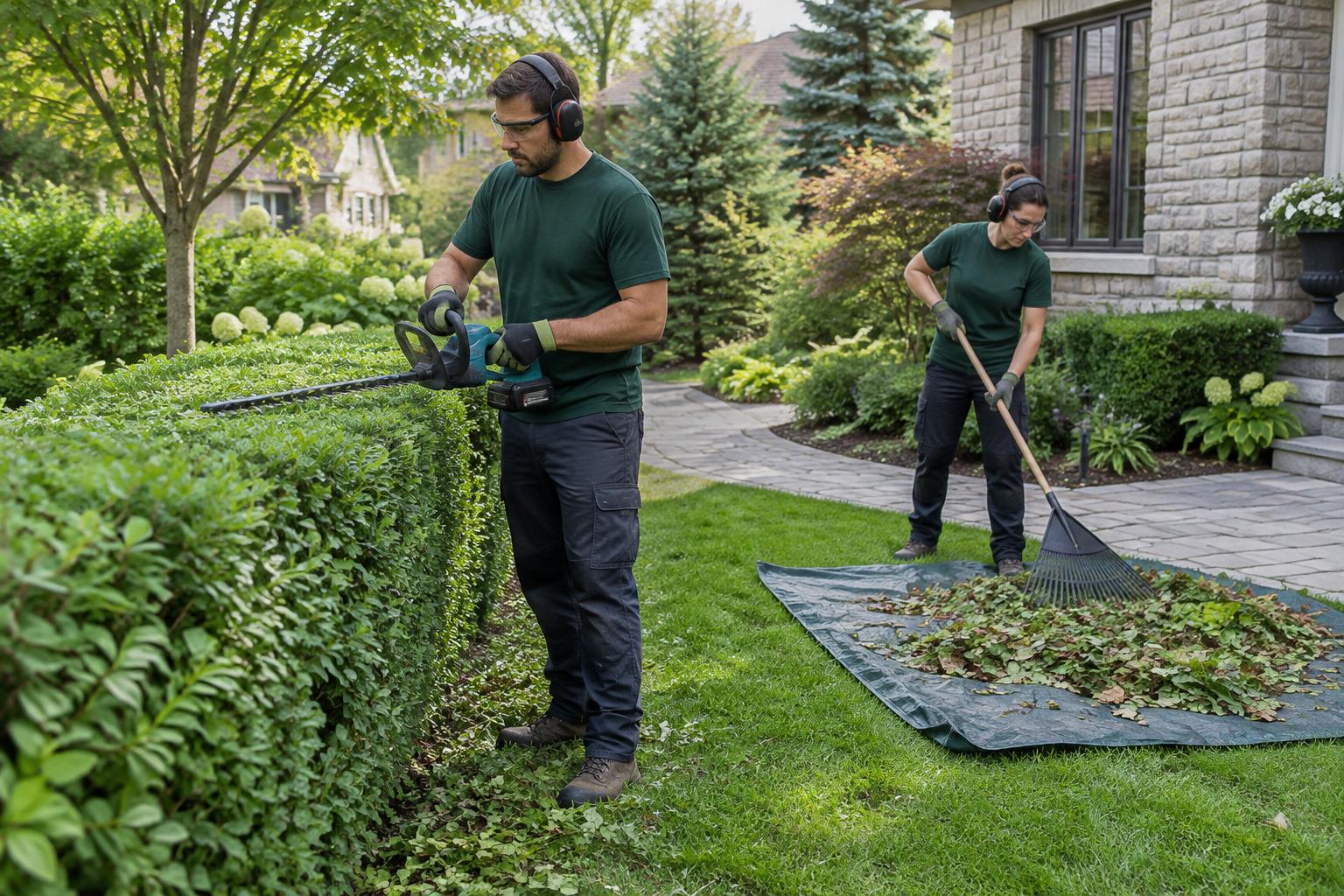 Illustrative crew trimming hedges and cleaning up