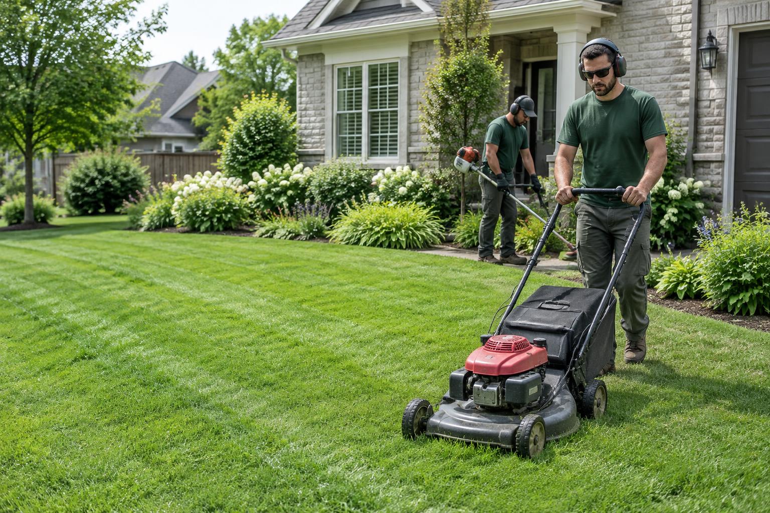 Illustrative lawn care crew mowing and edging a lawn