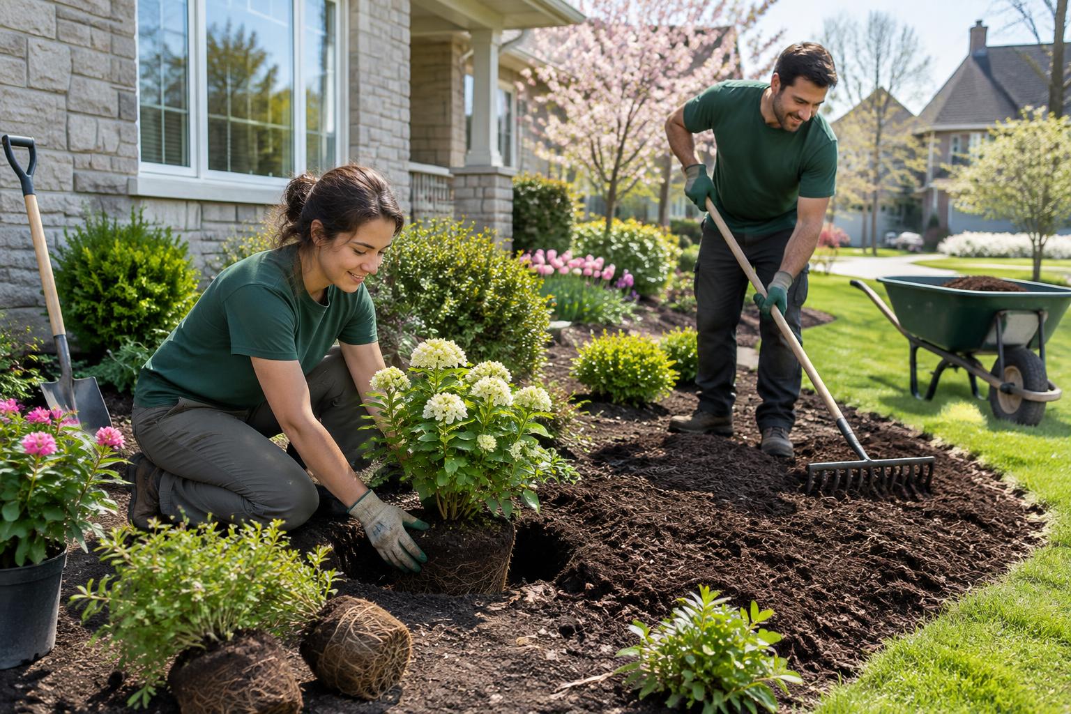 Illustrative landscaping crew planting a garden bed