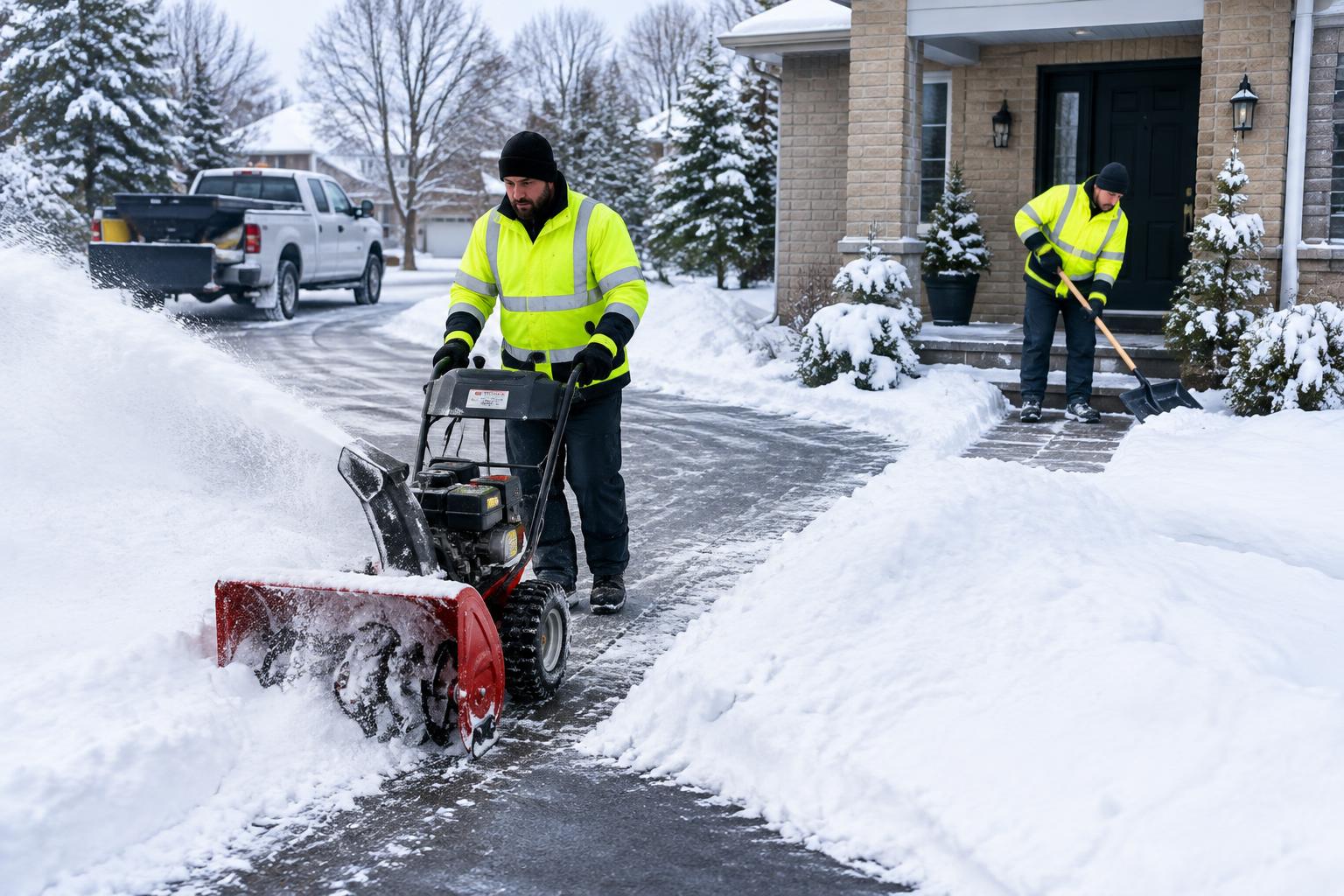 Illustrative crew clearing a driveway and walkway